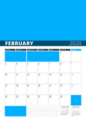 Wall Calendar Planner for February 2020. Vector Design Print Template with Place for Photo. Week Starts on Monday. 3 Months on Page