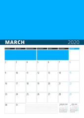 Wall Calendar Planner for March 2020. Vector Design Print Template with Place for Photo. Week Starts on Monday. 3 Months on Page