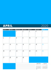 Wall Calendar Planner for April 2020. Vector Design Print Template with Place for Photo. Week Starts on Monday. 3 Months on Page