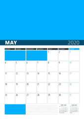Wall Calendar Planner for May 2020. Vector Design Print Template with Place for Photo. Week Starts on Monday. 3 Months on Page