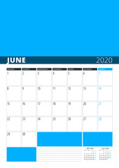 Wall Calendar Planner for June 2020. Vector Design Print Template with Place for Photo. Week Starts on Monday. 3 Months on Page