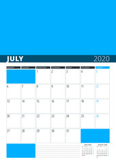 Wall Calendar Planner for July 2020. Vector Design Print Template with Place for Photo. Week Starts on Monday. 3 Months on Page