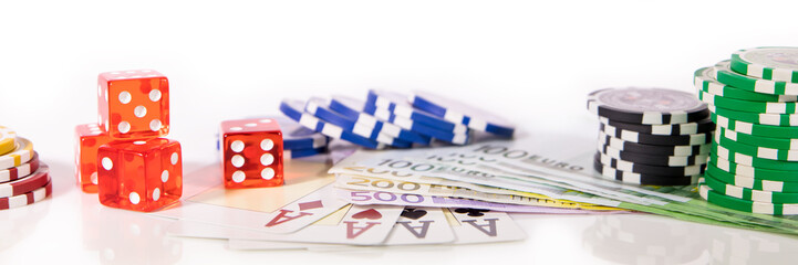 Konzept Spielwetten, Glücksspiel und Casino, Panorama mit Euro Banknoten