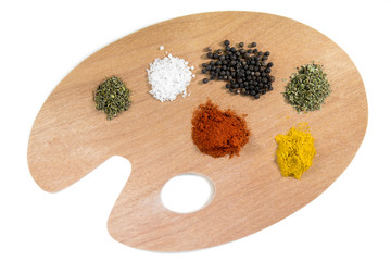 Malpalette freigestellt, verschiedene Gewürze und Kräuter, Koch als Künstler © M.Dörr & M.Frommherz