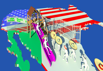 USA Mexico border deal 3D illustration 1. Emigrants enjoying children slide on border marked by steel fence. Maps of the states with national flag colors. Blue background. Collection.