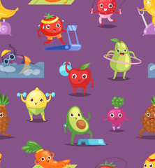 Fruits sportsman vector fruity expression of sporting cartoon character workout doing fitness exercises illustration set of vegetables with funny apple banana in sport isolated on white background