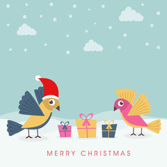 Merry Christmas celebration poster with gift and love bird.
