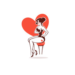 sexy pinup girl on heart shape background for youe logo, label, print, emblem