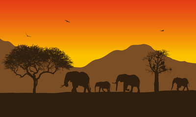 Fototapeta na wymiar Realistic illustration of African landscape with safari, trees and family of elephants under orange sky with rising sun. Mountains with flying birds in background, vector