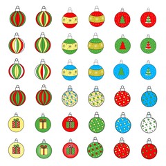 Illustration.Christmas balls for the Christmas tree. Christmas. A set of balls for the Christmas tree, green, red, yellow, blue flowers. Balls with different ornaments: striped, in a circle, with gift