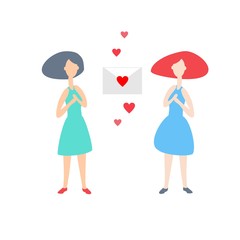  illustration. Infographics for dating site, searching for friends, partners, couples for relationships. Two girls in dresses are waiting for letters with a love message. Valentine's Day