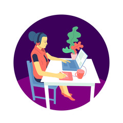 Flat style girl designer is sitting at desk and working with laptop, using graphic tablet