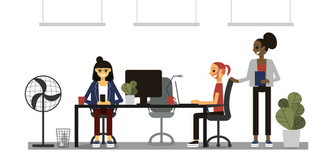 International team of coworkers working in office, caucasian man, black woman and asian girl.