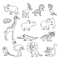 Cute cartoon various African animals set black doodles outline on a white background for coloring page
