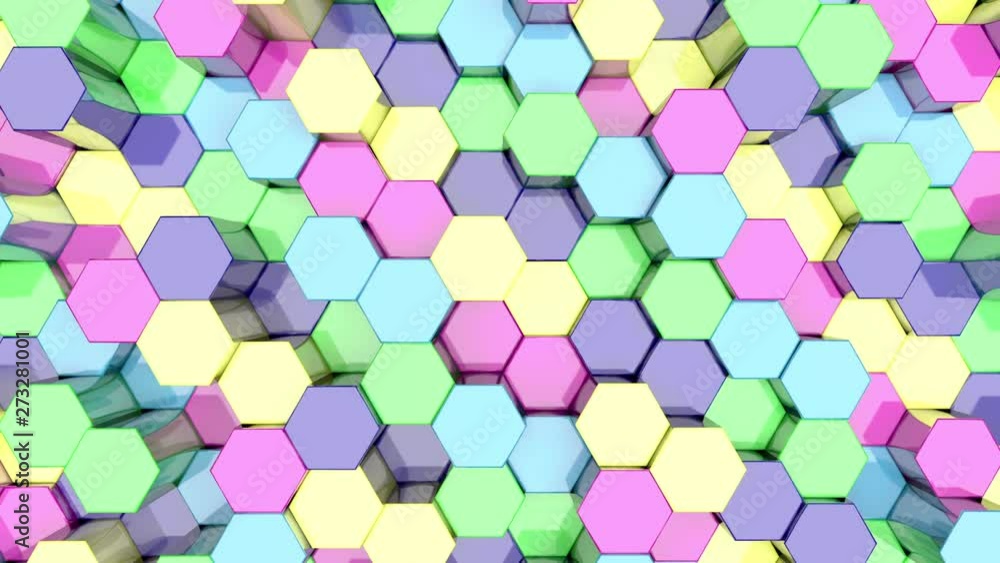 Poster 3d animation abstract background of a multicolored hexagons rising up and down.