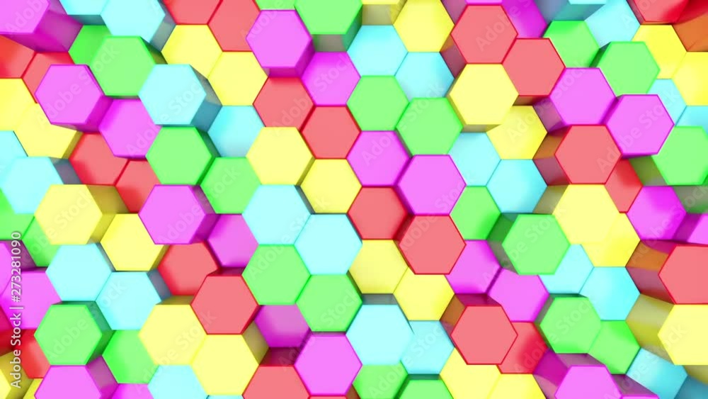 Poster 3d animation abstract background of a colorful hexagons rising up and down.
