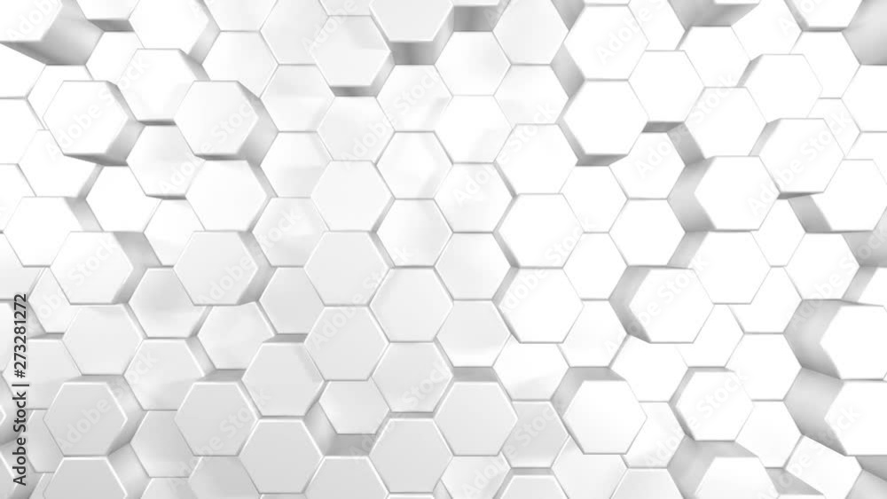 Poster 3d animation abstract background of a white hexagons rising up and down.
