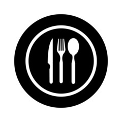 Plate icon, fork and spoon vector icon. Plate, fork and spoon illustration symbol.