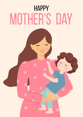 Happy Mothers Day. Vector illustration with woman and her child. Beautiful template. Can be used for banner, poster, card, postcard and printable.