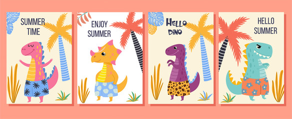 Collection of tropical cards with a cute cartoon dinosaurs in beach shorts. Vector illustration. Beautiful template. Can be used for banner, poster, card, postcard and printable.