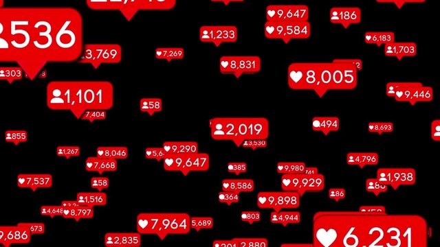 3D animation of social media likes red counters falling down.
