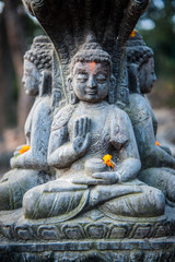 Fototapeta na wymiar Close up buddhist statue Kathmandu Nepal. Close up of oblations of food and flowers to their gods on small statues , Kathmandu, Nepal, Asia.