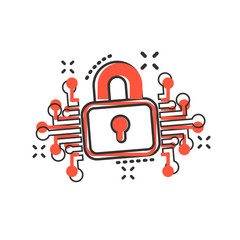 Cyber security icon in comic style. Padlock locked vector cartoon illustration on white isolated background. Closed password business concept splash effect.