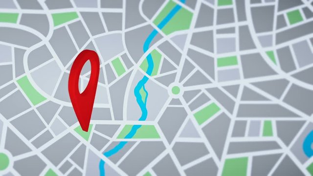 Map pin sign location icon, rotating red pinpoint on the map, geographical location with a pin marker, abstract schematic map of the city with a red marker, seamless loop animation