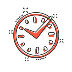 Real time icon in comic style. Clock vector cartoon illustration on white isolated background. Watch business concept splash effect.