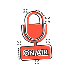 Microphone icon in comic style. Live broadcast vector cartoon illustration on white isolated background. On air business concept splash effect.