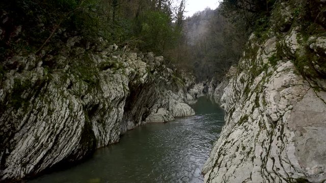 Canyon Devil's Gate in Sochi, Russia. Yew-boxwood grove. Mountain river.
