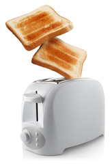Roasted toasts popping out of a white toaster, isolated on white background