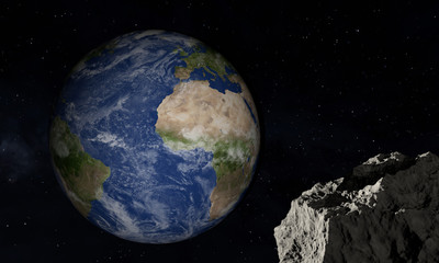 Earth and asteroid. Space theme. 3D illustration.