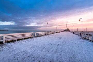Fototapeta na wymiar Snow covered pier in Sopot. Winter landscape. Poland.