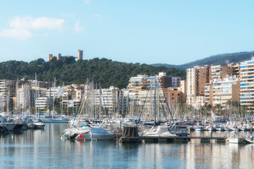 Panoramic view of the marine port and Bellver castle in Palma de Mallorca, Balearic islands, Spain