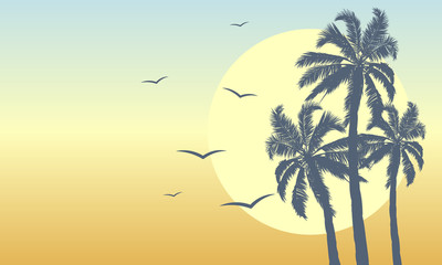Beautiful summer sky with sunset palms and birds, vector art illustration.