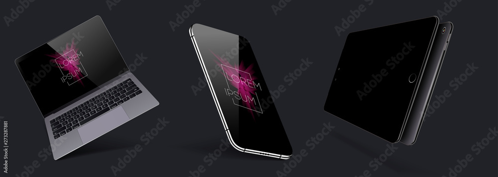 Aufkleber set mock-up of realistic devices. smartphone, laptop, tablet and smartphone with blank screen for de