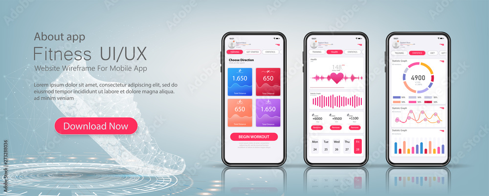 Poster fitness app material design with flat ui web screens. template ready application ui, ux, kit element