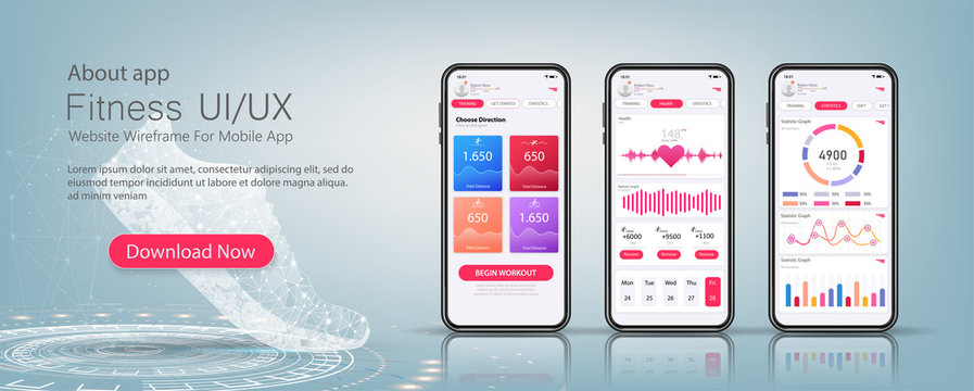 Fitness app material design with flat ui web screens. Template ready application UI, UX, KIT elements. Data analysis, choice of training program. Workout and statistics features and responsive website