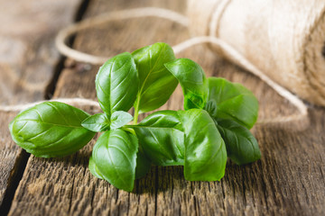 Fresh basil on wooden table