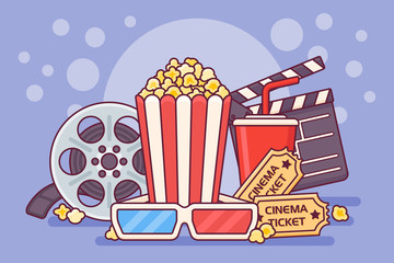 Movie theater poster with popcorn, clapperboard, soda, tickets, 3d glasses and filmstrip. Cinema banner design vector illustration.