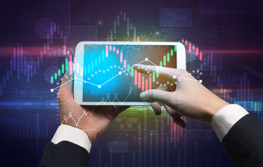 Hand touching tablet with worldwide reports links and statistics concept

