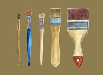 Set of Paint Brushes isolated on brown background. Art supplies. Tools for painting. Hand drawn watercolor illustration.