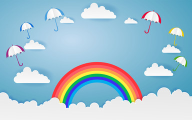 Color Full Umbrella with Cloud Paper Style art vector illustration