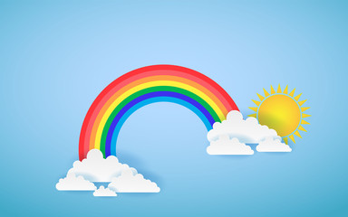 Cloud and Rainbow in the Blue sky with paper art style the concept is summer season