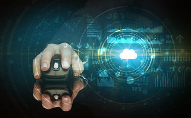 Hand using wireless mouse with cloud technology concept and dark background