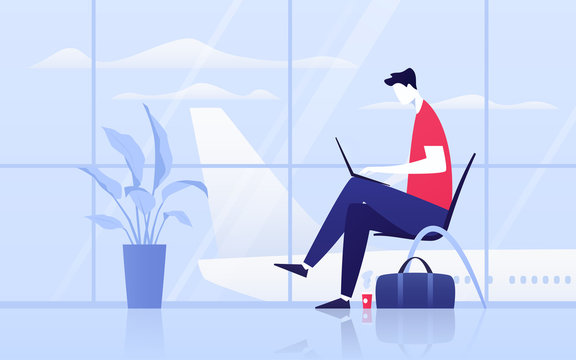 Vector illustration of a young man with laptop sitting in the departure lounge at the airport