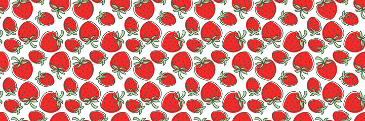 Strawberry seamless pattern. Hand drawn fresh berry banner. Vector sketch background. Doodle wallpaper. Red and green print