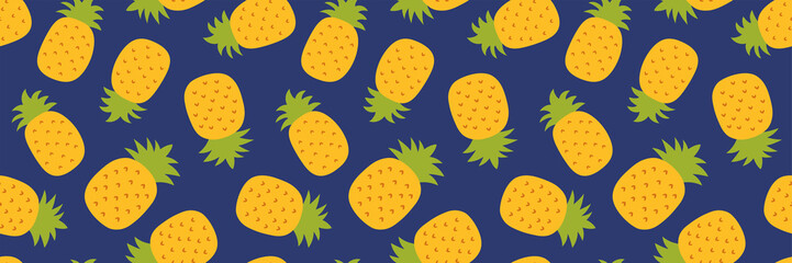 Pineapple seamless pattern. Hand drawn fresh ananas. Vector sketch background. Color doodle wallpaper. Exotic tropical fruit. Fashion design. Food print for kitchen tablecloth, curtain or dishcloth