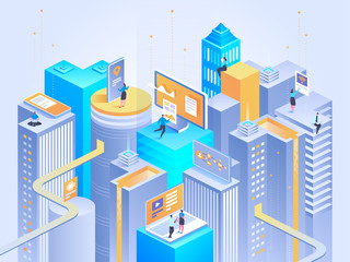Smart city isometric concept Intelligent buildings